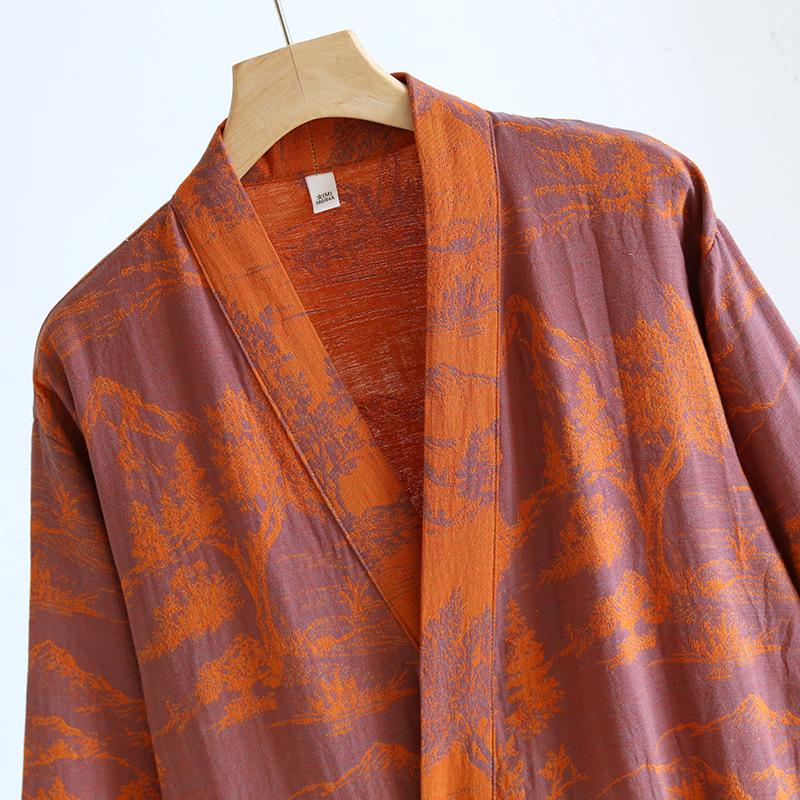 Men's Cotton Jacquard Long Sleeve Robe with Belt - Comfortable Couple Style Bathrobe.