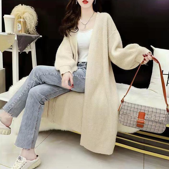 Mid-length Cardigan Sweater for Women's Autumn and Winter Wear Loose Large-sized Cardigan Long-sleeved Solid Color Knitted Coat