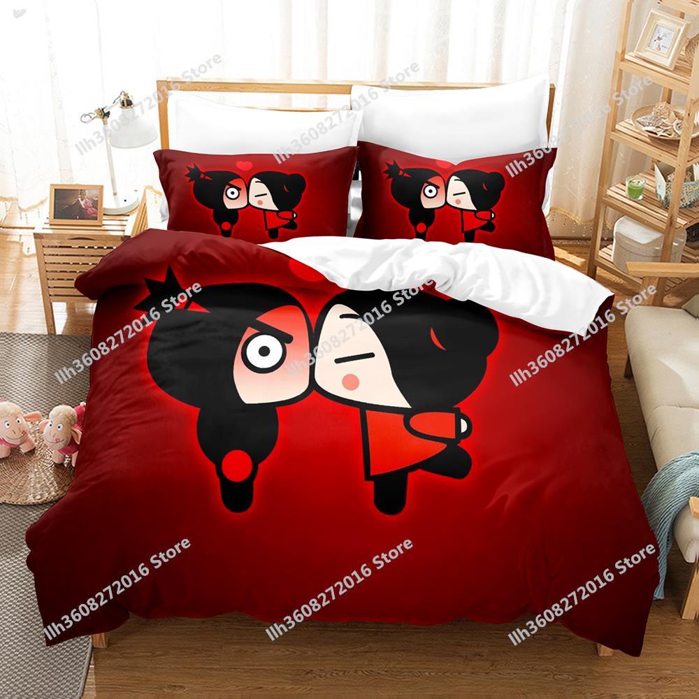 Kawaii Pucca Bedding Set Single Twin Full Queen King Size Bed Set Adult Kid Bedroom Duvetcover Sets 3D Print Anime Bed Sheet Set