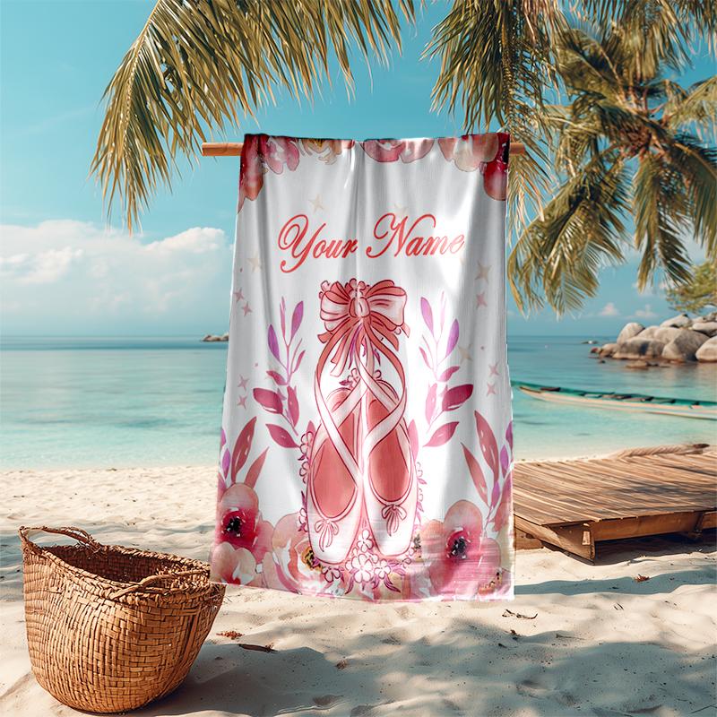 1PC Custom Name Pink Ballet Shoes Floral Beach Towel Highly Absorbent And Sand-Resistant Towel for Swimming, Pool, Yoga, And Travel Lightweight