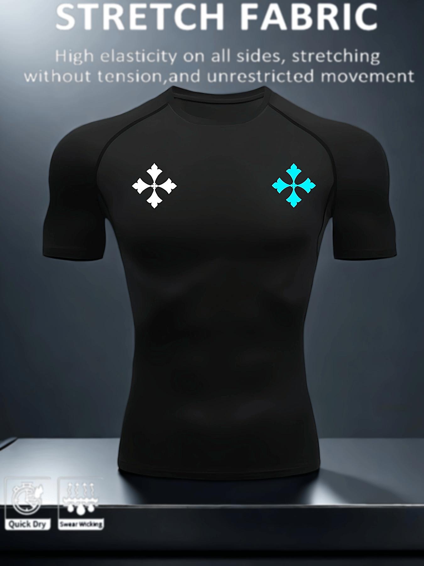 Men s Black Dual Cross Print Compression T-Shirt, High Elasticity Quick Dry Breathable Gym Workout Top S чёрный