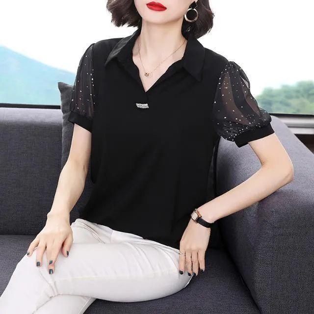 Women Spring Summer Style Chiffon Blouses Shirts Lady Casual Turn-down Collar Patchwork Chiffon Blusas Tops