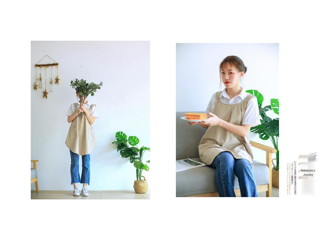 Retro Floral Cotton Linen Apron - Japanese & Korean Style, Comfortable Women's Bib with Printed Logo