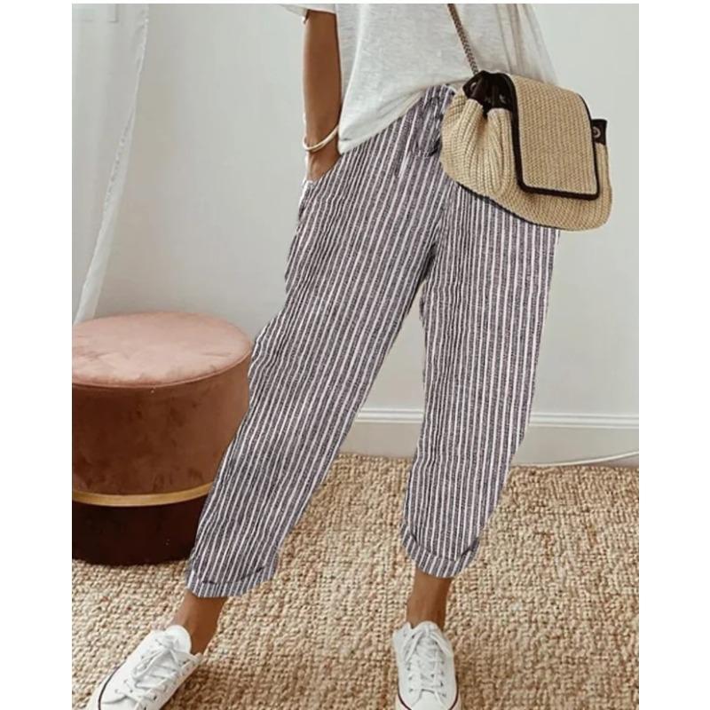 Pantaloni casual a righe da donna estivi, larghi, con elastico in vita