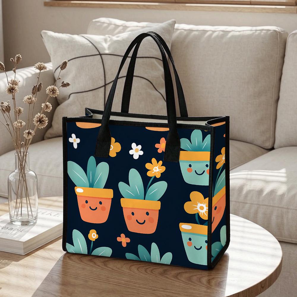 Cute Cartoon Potted Plants Print Tote Bag for Daily Shopping