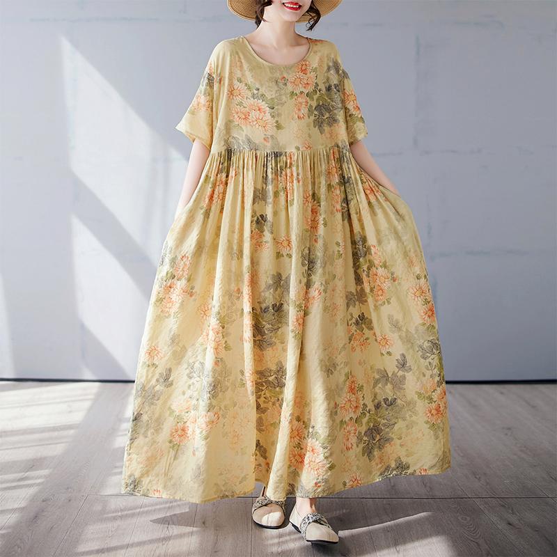 DIMANAF 2025 Summer Plus Size Dress Basic Women Vintage Casual Loose O-Neck Long Floral Printing Dress Maxi