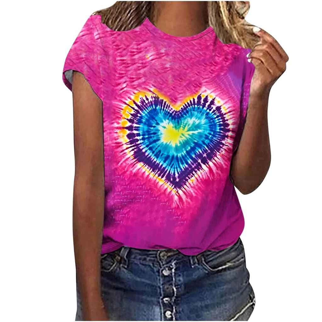 Heart Graphic 3D Print Tie Dye T-Shirts Women O-Neck Short Sleeve T Shirt Streetwear Y2k Harajuku Tees Basic Top Female Clothing