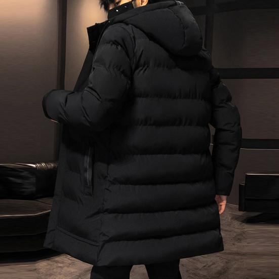Autumn Winter Men Jacket Cotton Padded Hooded Long Sleeve Drawstring Mid-length Windbreaker for Daily Wear