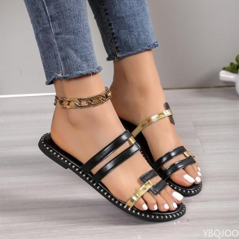 European and American Plus Size Women's Slippers Summer New Trend Cross Flat Beach Slippers Color Blocking Design Daily Shoes