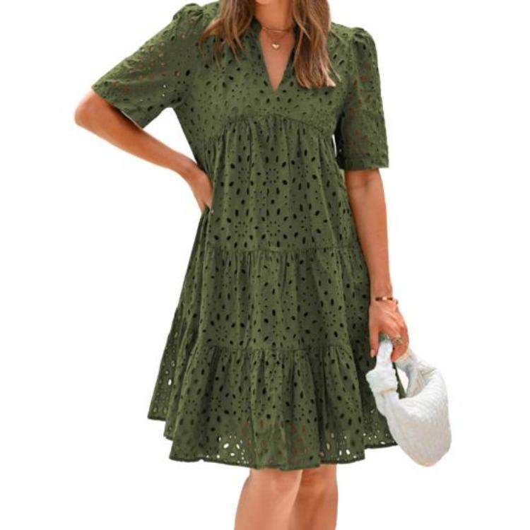 Summer Women's Flowy V-Neck Sundress Casual Hollow Out Midi Dress A-Line Tiered Eyelet Short Sleeve Beach Dress