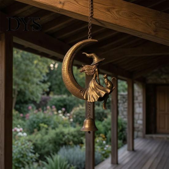 Wiccan Room Accessories Witch Moon Wind Chime, Gothic Crescent with Black Cat Hanging Bell, Garden Ornaments Mystical Decor for Porch Patio