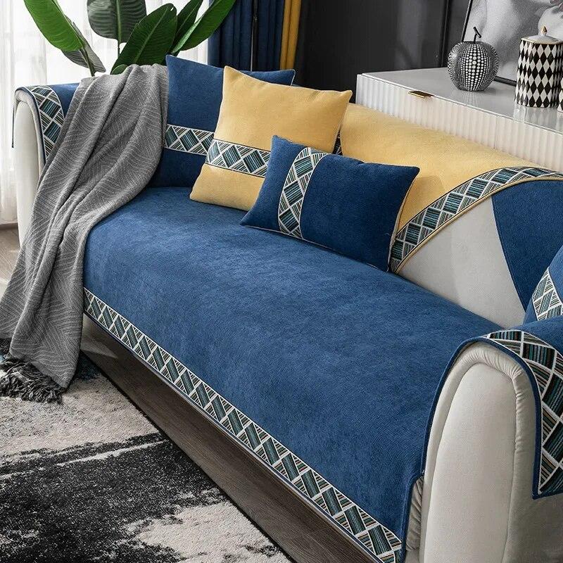 

Высококачественные тканевые синие чехлы для диванов с простой геометрией, противоскользящие чехлы для диванов, вышивка, диванное полотенце, подушка для кресла, весна-лето 70x150cm 1pcs