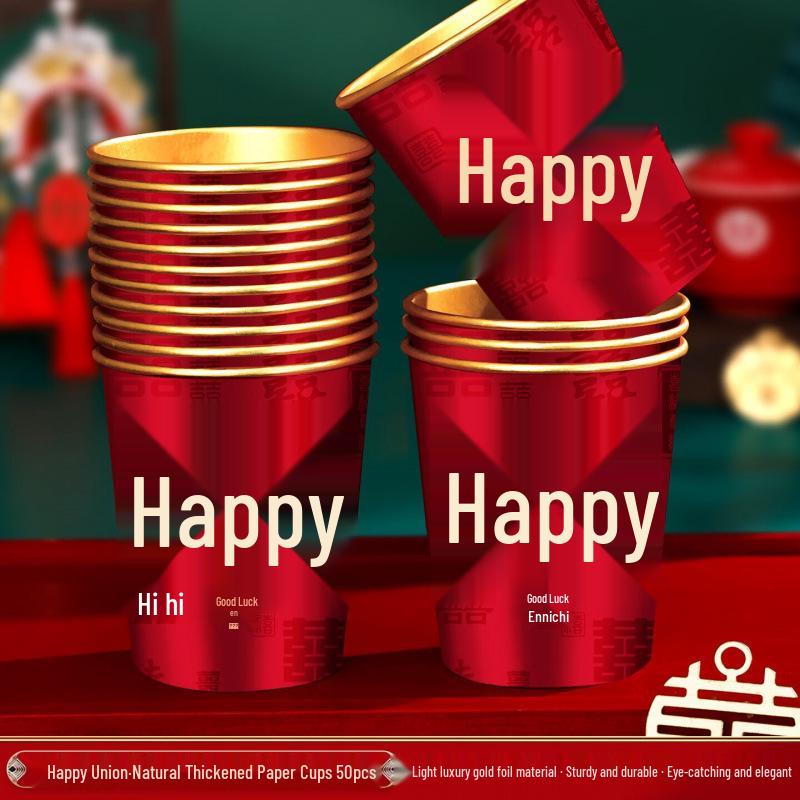 Disposable Gold Foil Wedding Paper Cups with Double Happiness Character - Red Thickened Banquet Cups