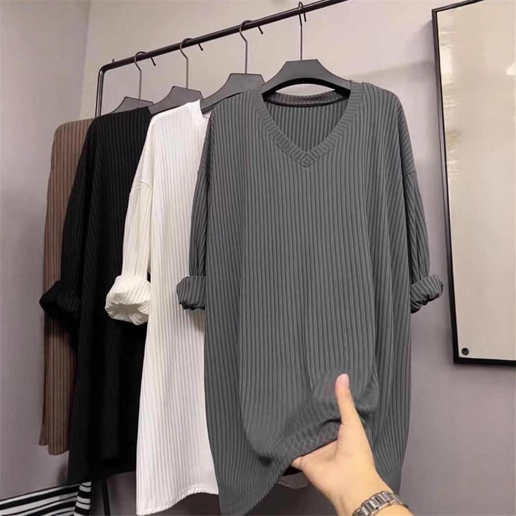 European V-Neck Long Sleeve T-Shirt for Women - Mid-Length Loose Fit for Spring, Autumn, Winter