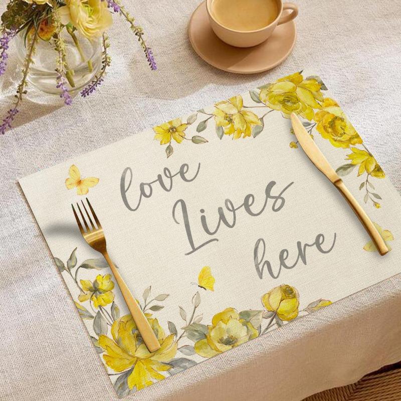 Pastoral Themed Linen Placemat Daisy Printed Bowl and Plate Heat Insulation Mat Washable Stain Resistant Desktop Decoration
