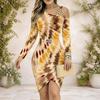 Women Plus Size Chain Strap Cold Shoulder Long Sleeve Printed Asymmetrical Hem Bodycon Dress