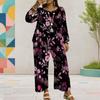 Women Plus Size Navy Blue Floral Printed Two Piece Set Round Neck Long Sleeve Layered Top Wide Leg Cropped Pants