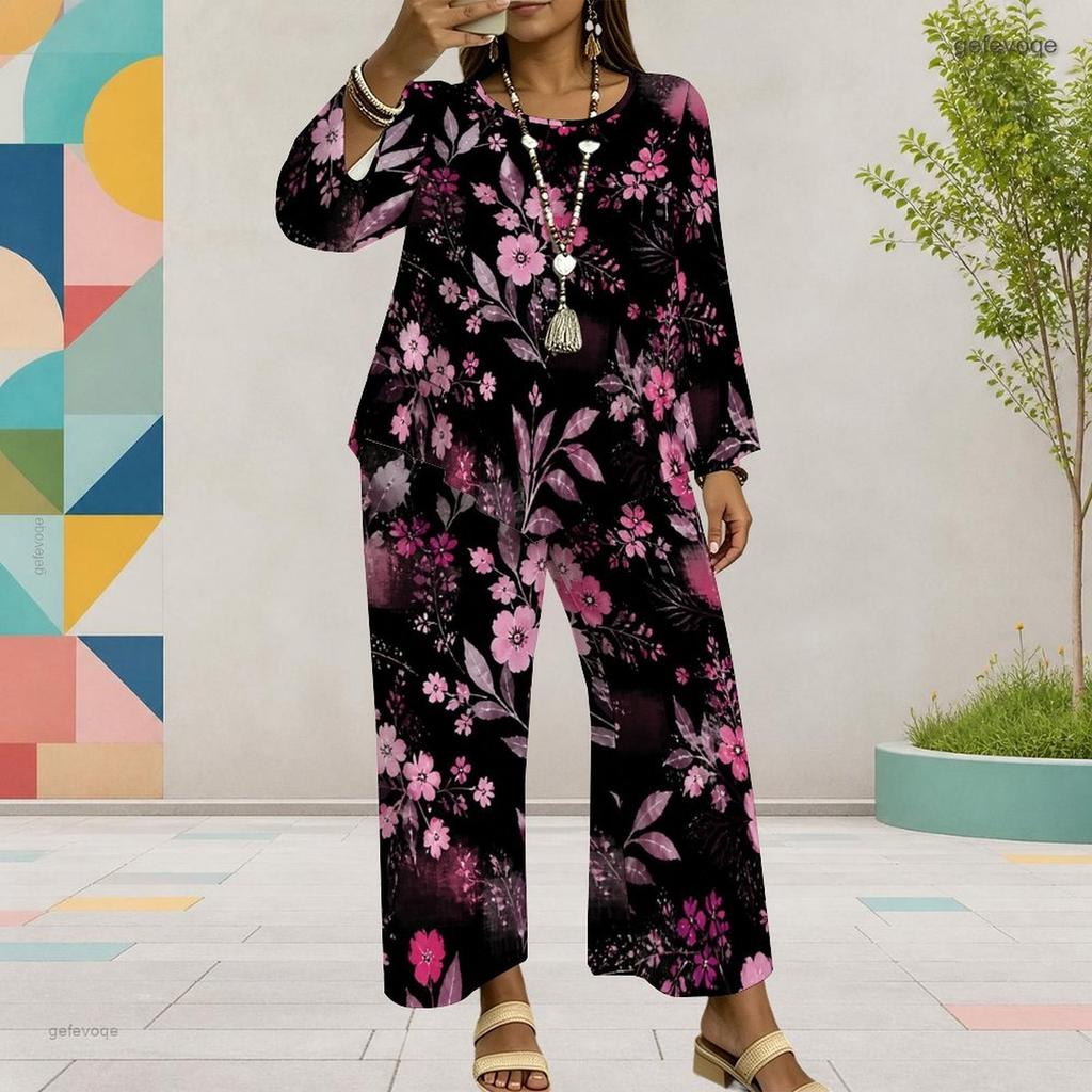 Women Plus Size Navy Blue Floral Printed Two Piece Set Round Neck Long Sleeve Layered Top Wide Leg Cropped Pants