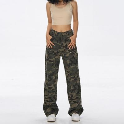 American Camouflage Tooling Jeans Women's High-waisted Hiphop Hip-hop Sweet and Spicy Wide-leg Casual Straight Jeans