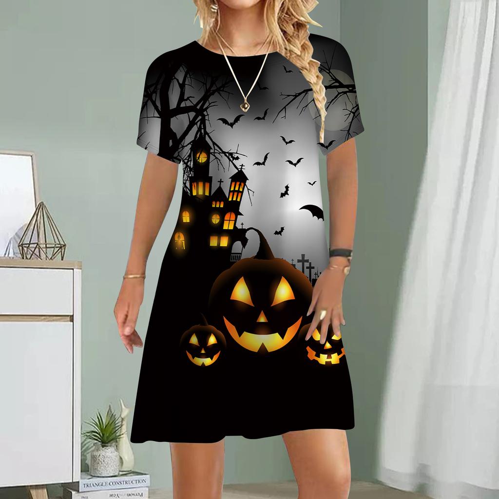 Damen-Freizeitkleid Sommerkleid mit Dämonen-Kürbis-Print, Rundhalsausschnitt, Kurzarmkleid, Übergröße