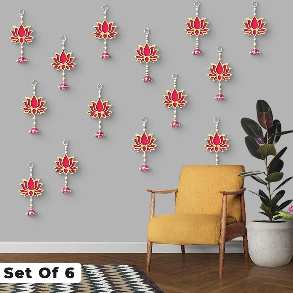 Lotus Wall Hanging with Jhumki - Set of 6 | Pink/Raani Artificial Flowers Bunch |