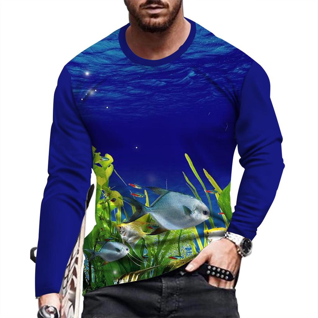 New Ocean Scenery Print Summer Men's Round Neck T-shirt Casual Long Sleeve Oversized T Shirt Fashion Pullover Trend Men Clothing
