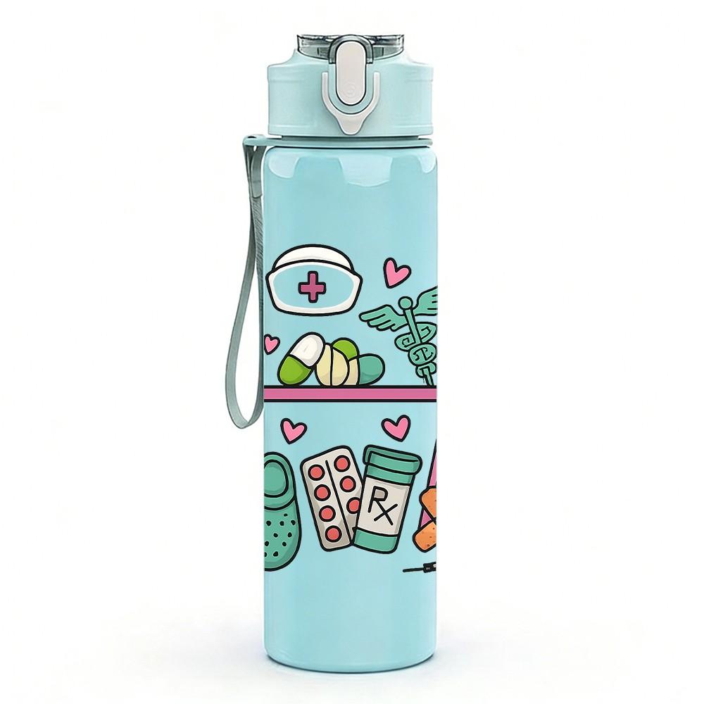 1PC Medical Tool Floral Frame Layout 750ml Color Plastic Sports Water Bottle Leakproof Flip Straw Lid For Sports Office Home Use