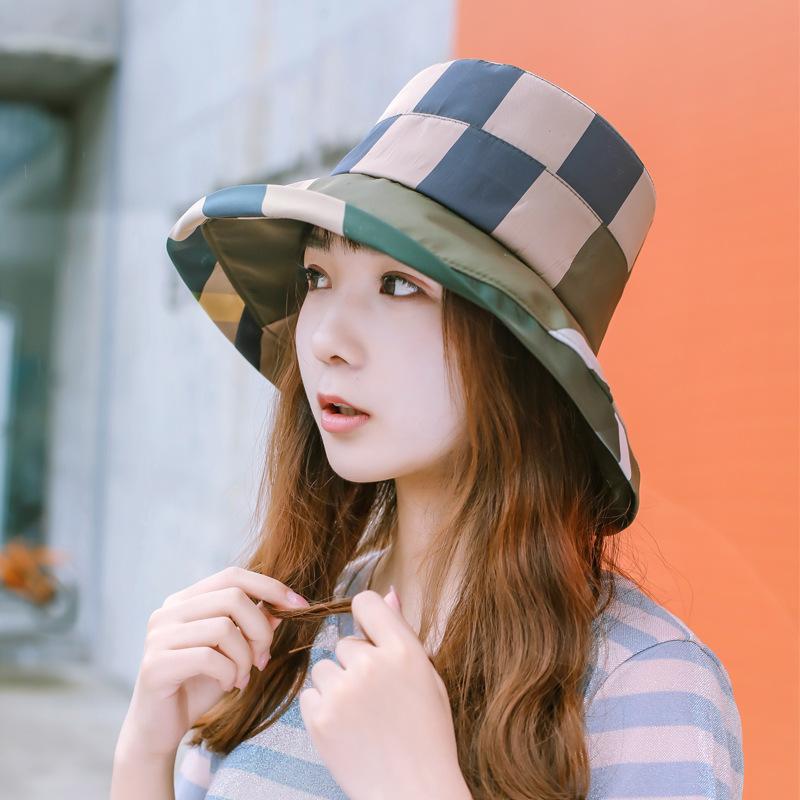 Plaid bucket hat summer ladies sun hat sun protection sun hat outdoor travel foldable basin hat fashionable and versatile L（58-60cm）