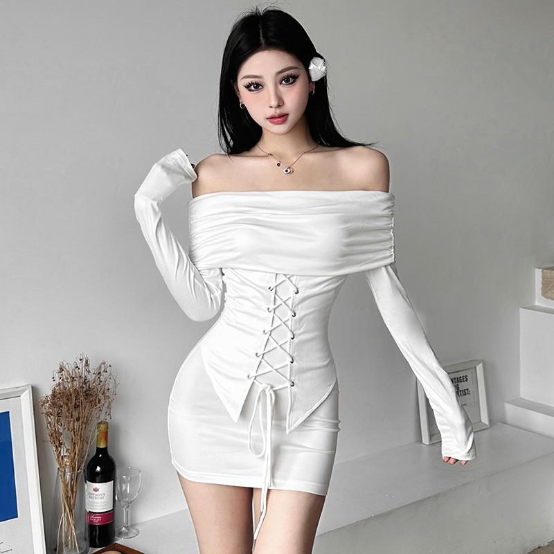 Pure desire Spice Girl style strap waist one-word shoulder long-sleeved dress women's autumn new slim-fitting sexy hip-wrapped short dress