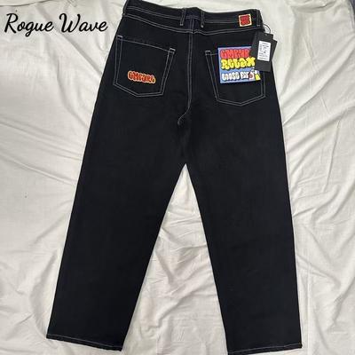 RogueWave Jeans Spodnie Y2k Czarne Jeansy Szerokie Nogawki Męskie Retro Luźne Modne Spodnie Hip-Hop Streetwear Y2k Amerykański Street Casual Jeansy