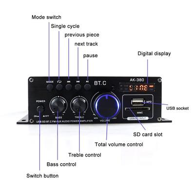 AK-380 Bluetooth Hi-Fi Audio Amplifier 40Wx2 Stereo Power Amp with Remote Control USB SD AUX Input For Home/Car