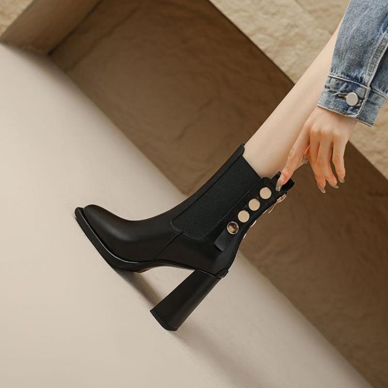 Winter New Thick Heel Cotton Boots Women's Square Head Back Zipper Rivet Anti-slip Wear-resistant Short Boots