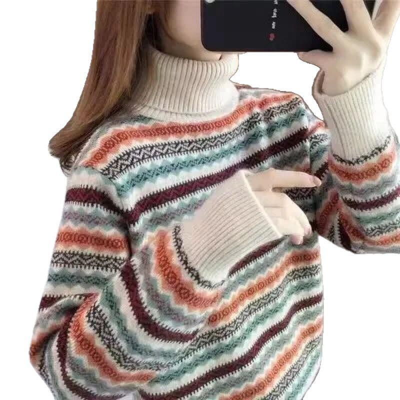Autumn and winter retro jacquard striped turtleneck sweater women's fashion foreign style contrasting colors loose bottoming knitted sweater