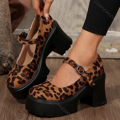 Comemore Leopard Chunky High Heels Pumps Damen Schnallenriemen Plateau Mary Jane Schuhe Frau Gothic Dicke Ferse Partyschuhe