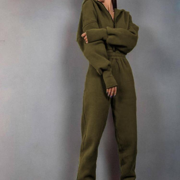 Women Hooded Jumpsuit Long Sleeve V Neck Solid Color Wide Leg Pants Suit Loose Autumn Winter Top