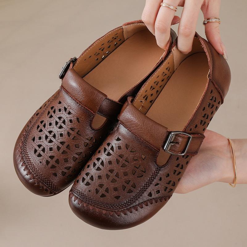 Vintage Exquisite Buckle Flats Women Genuine Leather Handmade Hollow Out Breathable Non Slip Moccasinsladies Summer Dressy Shoes