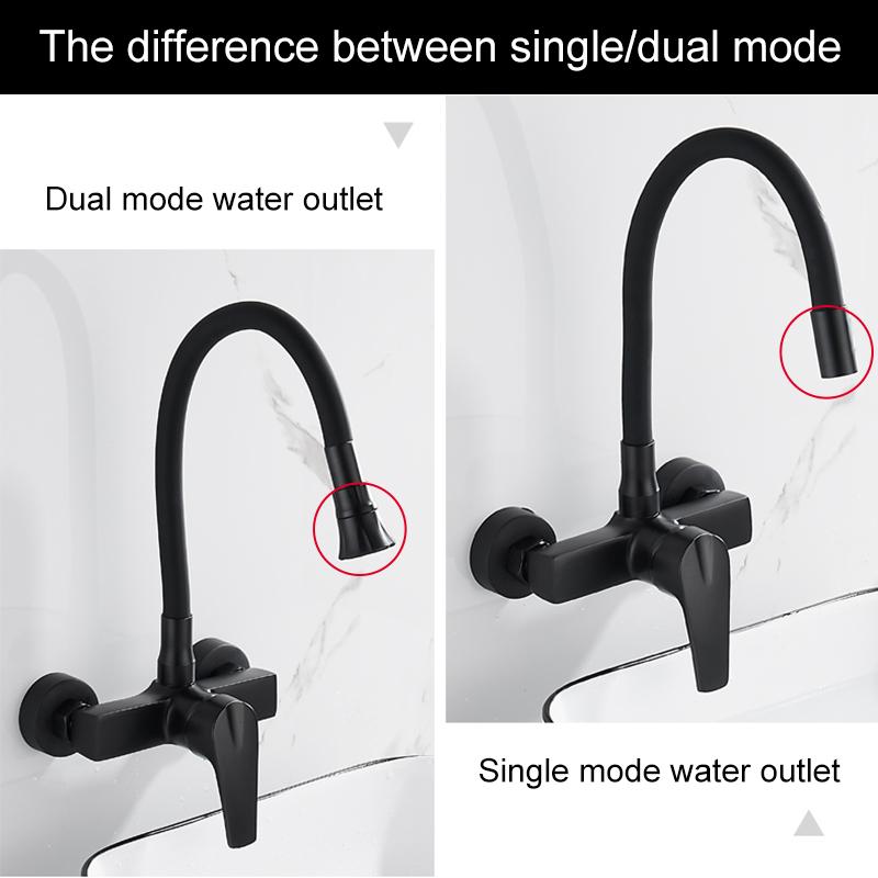 ELLEN Wall Mount Kitchen Sink Faucet Hot Cold Sink Water Mixer Tap 2 Holes Black Faucets 360 Degree Swivel ELK5400