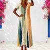 Women Plus Size V Neck Short Sleeve Printed Navy Blue Maxi Dress