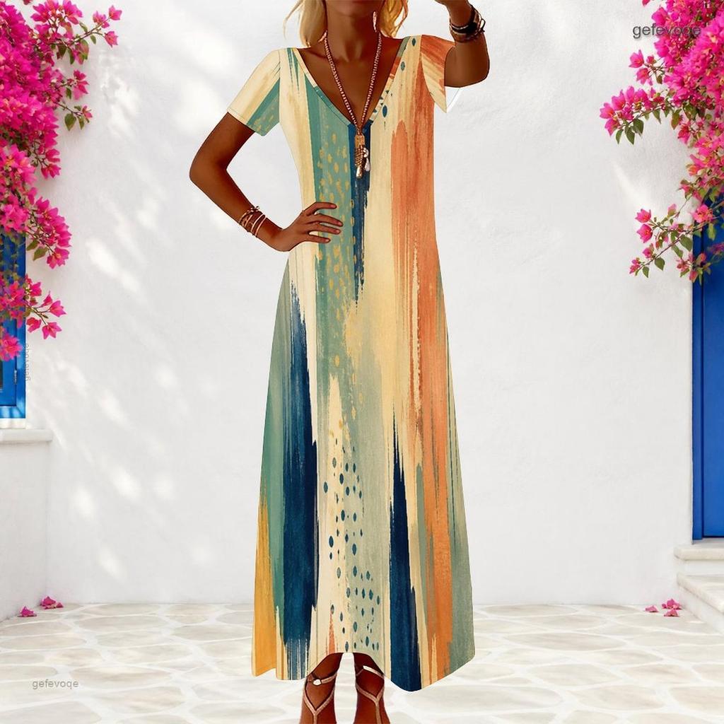 Women Plus Size V Neck Short Sleeve Printed Navy Blue Maxi Dress