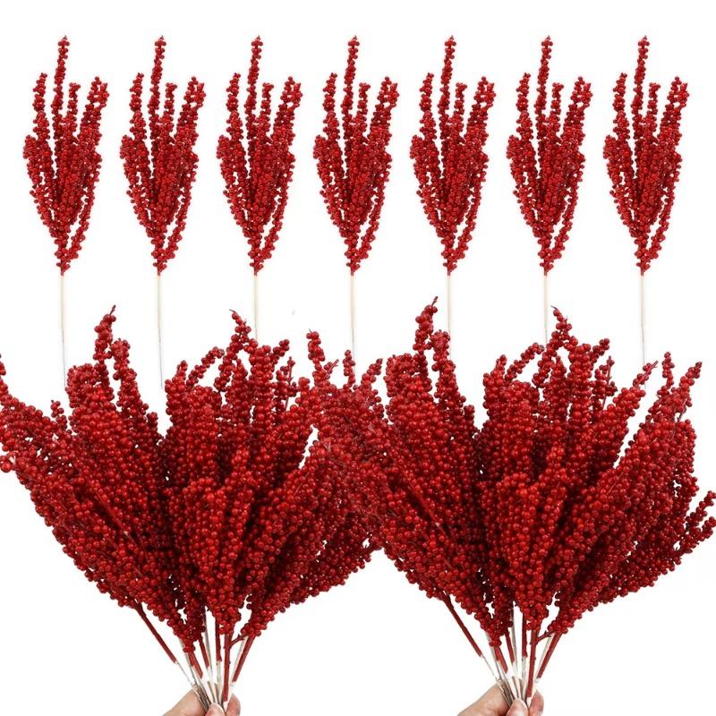 Wholesale Artificial Red Berries Stems Simulation Christmas Holly Berry Branches DIY Wreath Xmas Tree Party Home Table Decors