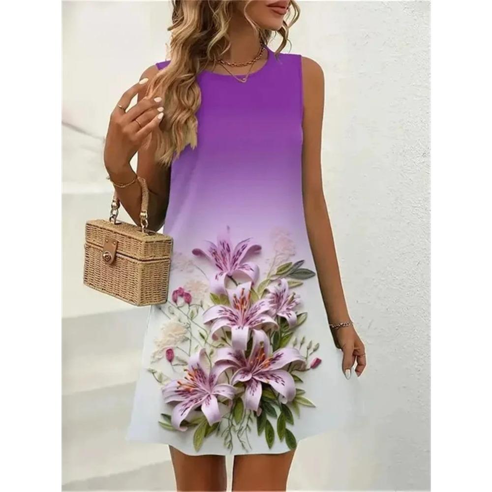 Flowers Butterfly Print Dresses Summer Women Vintage Sleeveless Mini Dress Casual Comfortable Breathable Pocketless Dress