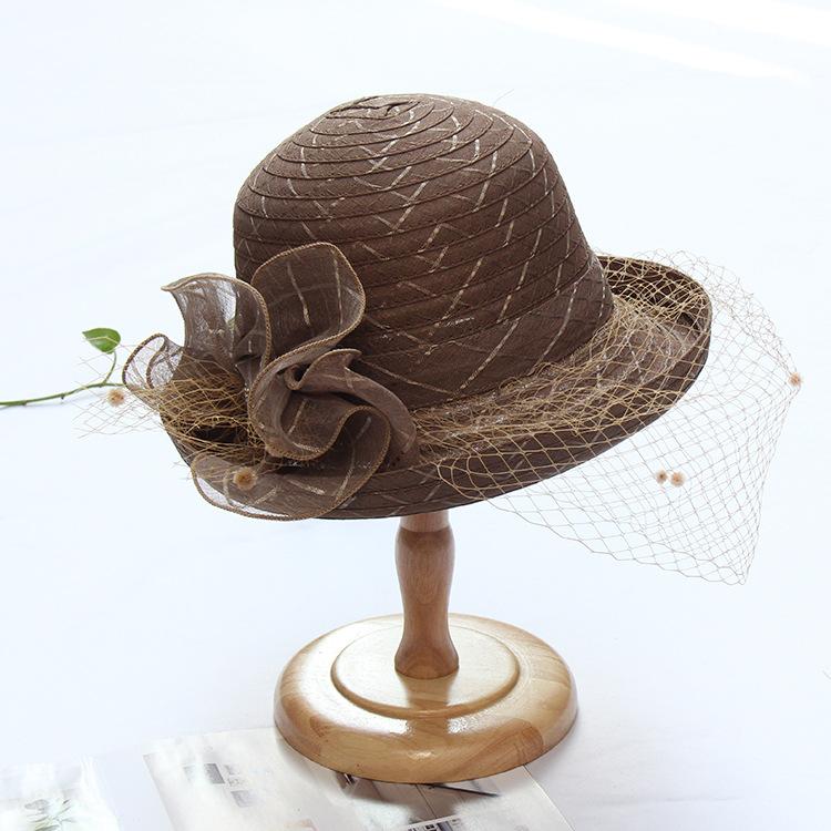 European and American lace mysterious mesh crimped top hat elegant diamond bow sun hat women's summer fashion sun hat