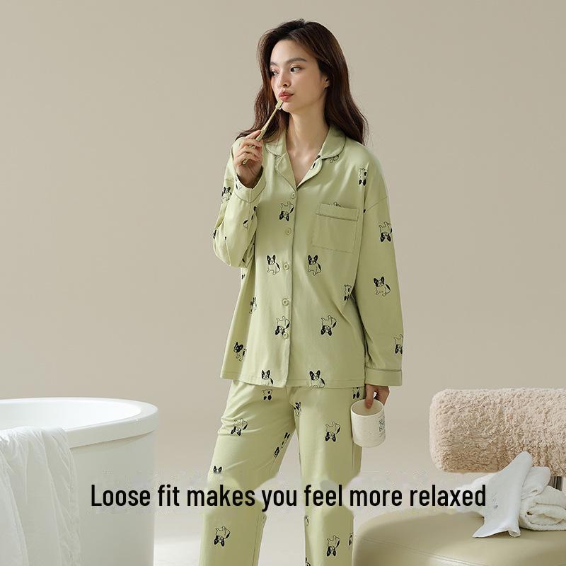 

«2025 г. Женская хлопковая антибактериальная пижама с длинными рукавами — свободный крой, весна/осень» XL (120-140 jin)