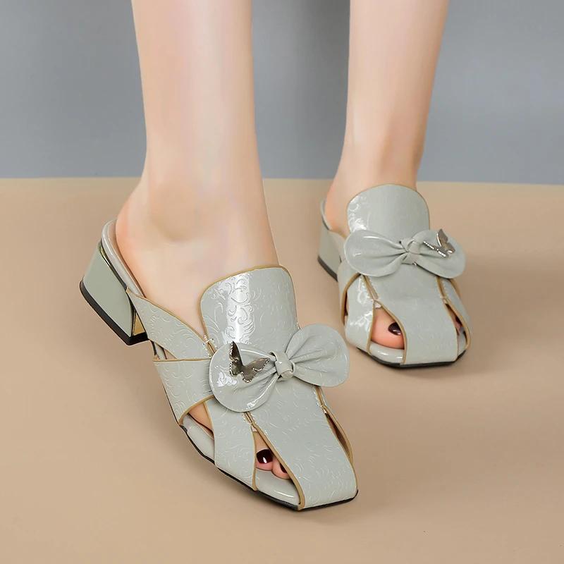 Fashion Summer New Baotou Female Slippers 2025 Hot Sale Round Head Hollow Open Toe Butterfly Knot Anti-slip Wear-resistant Heel Shoes