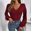 Ladies Autumn Winter Long Sleeve V Neck Solid Color Slim Fit Pullover T Shirt Top