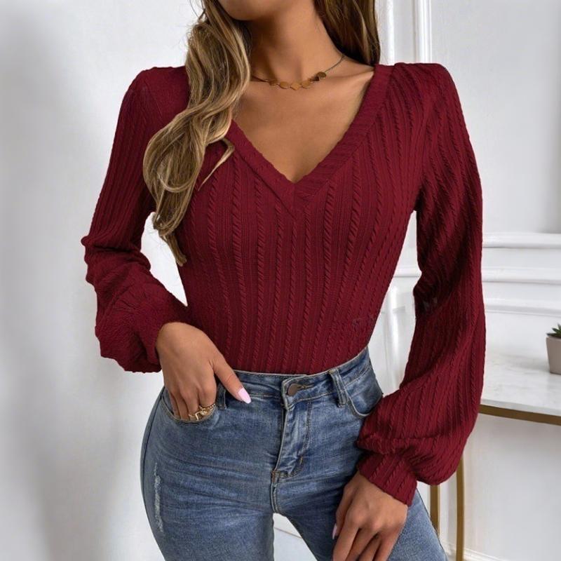 Ladies Autumn Winter Long Sleeve V Neck Solid Color Slim Fit Pullover T Shirt Top