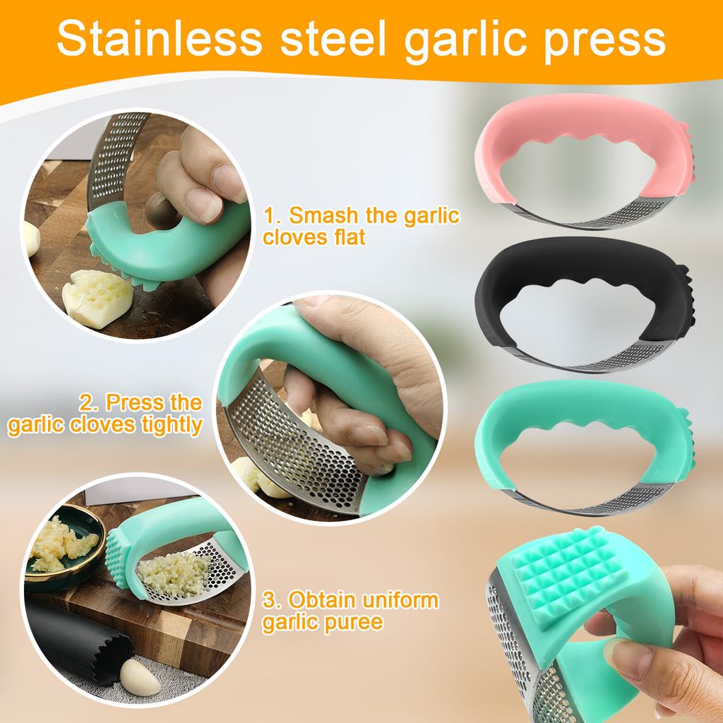 Nerezový lis na česnek, Kráječ česneku se škrabkou a čisticím kartáčkem, Nerezový drtič česneku pro drcení česneku, Kuchyňské nářadí