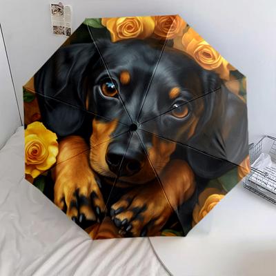 Dachshund and Rose Pattern, Automatic Folding Umbrella, Portable and Foldable Design, 8 Ribs, a Christmas or Birthday Gift.