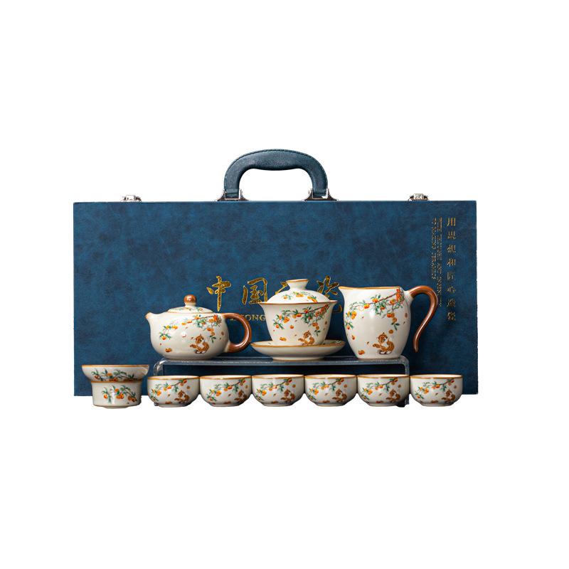 High-grade beige Ru kiln Kung Fu tea set, open film can be raised, sign a gift, business gift, gift box