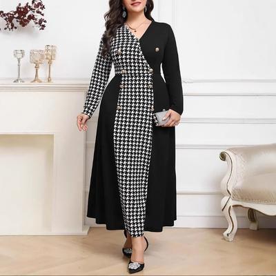 Women's Fat MM Slim Slimming Contrast Color Thousand Bird Lattice Dress